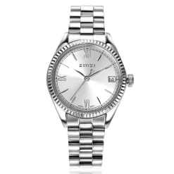 ZINZI Iconic horloge 30mm met datum, gekartelde rand, zilverkleurige wijzerplaat en stalen schakelband ZIW2202
