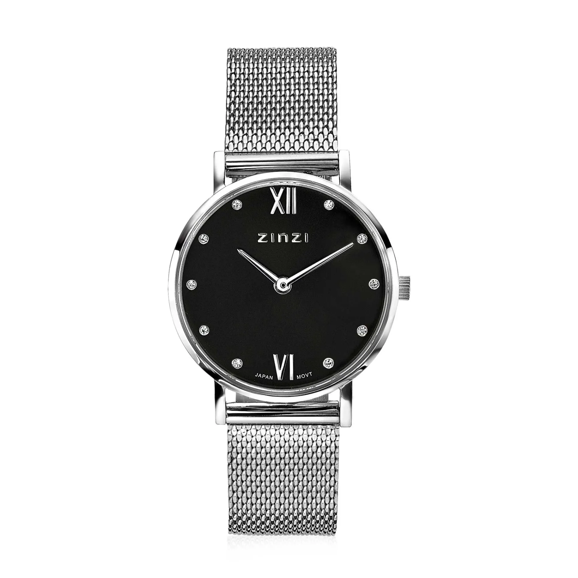 ZINZI Lady Crystal horloge zwarte wijzerplaat en kast stalen mesh band, witte crystals bij uuraanduiding, 28mm extra dun ZIW629M