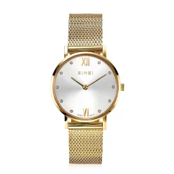 ZINZI Lady Crystal horloge zilvergekleurde wijzerplaat, geelgoudkleurige kast en stalen mesh band, witte crystals bij uuraanduiding, 28mm extra dun ZIW633M