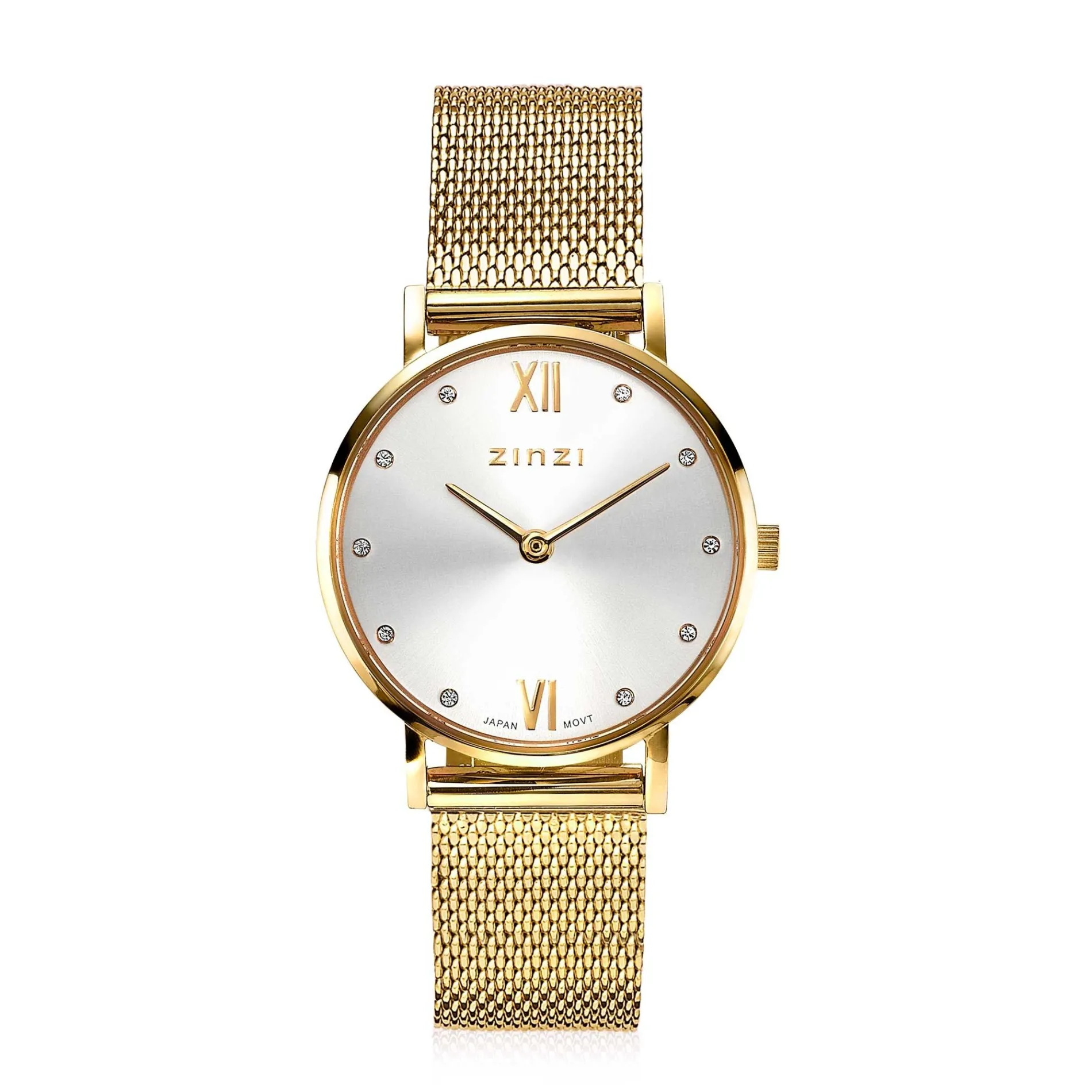 ZINZI Lady Crystal horloge zilvergekleurde wijzerplaat, geelgoudkleurige kast en stalen mesh band, witte crystals bij uuraanduiding, 28mm extra dun ZIW633M
