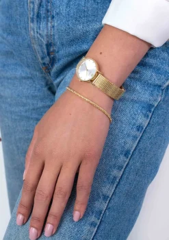 ZINZI Lady Crystal horloge zilvergekleurde wijzerplaat, geelgoudkleurige kast en stalen mesh band, witte crystals bij uuraanduiding, 28mm extra dun ZIW633M