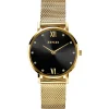 ZINZI Lady Crystal horloge zwarte wijzerplaat, geelgoudkleurige kast en stalen mesh band, witte crystals bij uuraanduiding, 28mm ZIW643M