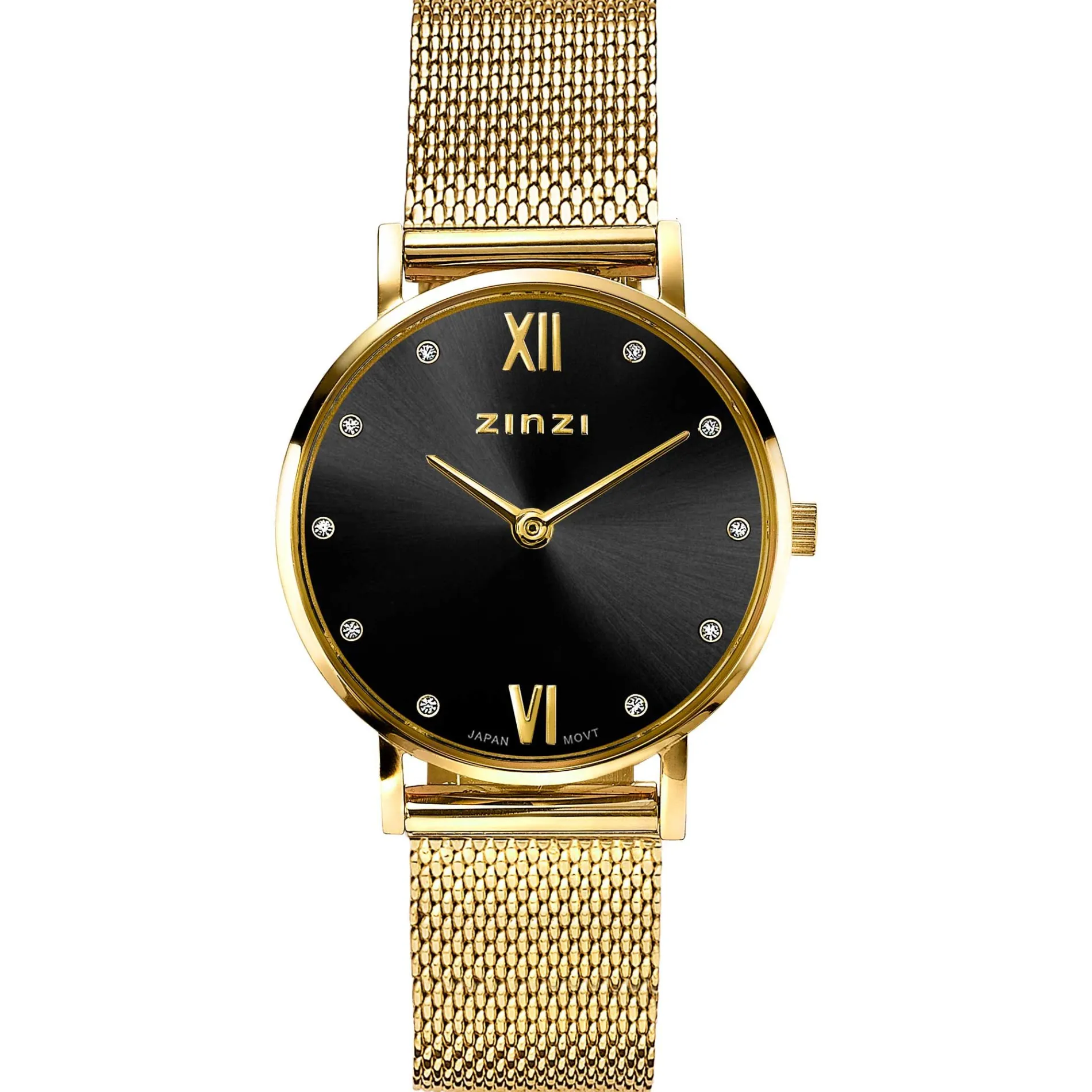 ZINZI Lady Crystal horloge zwarte wijzerplaat, geelgoudkleurige kast en stalen mesh band, witte crystals bij uuraanduiding, 28mm ZIW643M