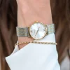 ZINZI Lady Crystal horloge zilvergekleurde wijzerplaat, geelgoudkleurige kast en bicolor stalen mesh band, witte crystals bij uuraanduiding, 28mm extra dun ZIW633MB
