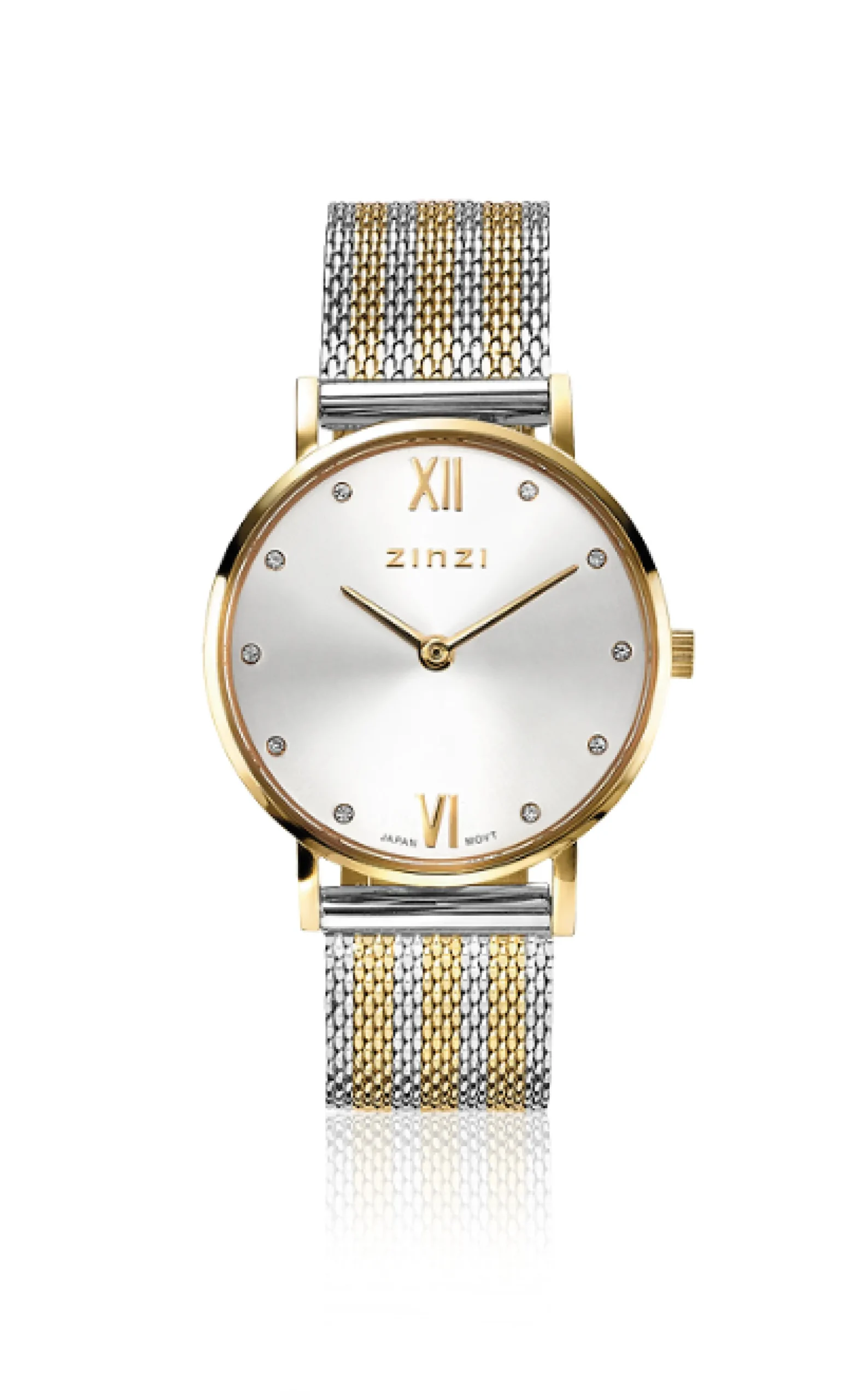 ZINZI Lady Crystal horloge zilvergekleurde wijzerplaat, geelgoudkleurige kast en bicolor stalen mesh band, witte crystals bij uuraanduiding, 28mm extra dun ZIW633MB