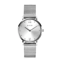 ZINZI Lady Crystal horloge zilvergekleurde wijzerplaat en kast stalen mesh band, witte crystals bij uuraanduiding, 28mm extra dun ZIW628M