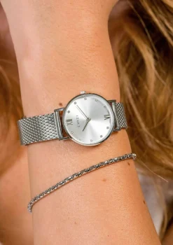 ZINZI Lady Crystal horloge zilvergekleurde wijzerplaat en kast stalen mesh band, witte crystals bij uuraanduiding, 28mm extra dun ZIW628M