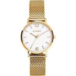 ZINZI Lady horloge witte wijzerplaat stalen kast geelgoudkleurig stalen mesh band geelgoudkleurig 28mm extra dun ZIW607M