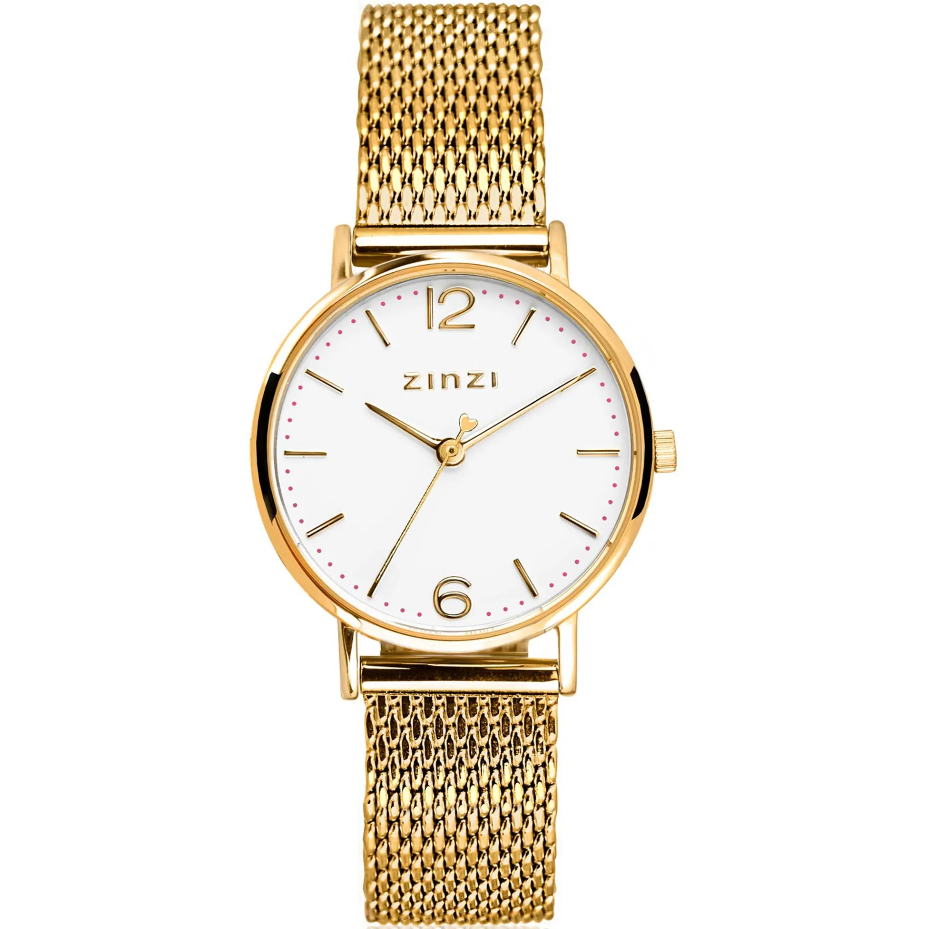 ZINZI Lady horloge witte wijzerplaat stalen kast geelgoudkleurig stalen mesh band geelgoudkleurig 28mm extra dun ZIW607M