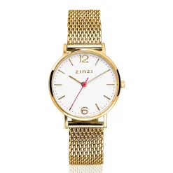 ZINZI Lady horloge witte wijzerplaat stalen kast geelgoudkleurig stalen mesh band geelgoudkleurig 28mm extra dun ZIW607M
