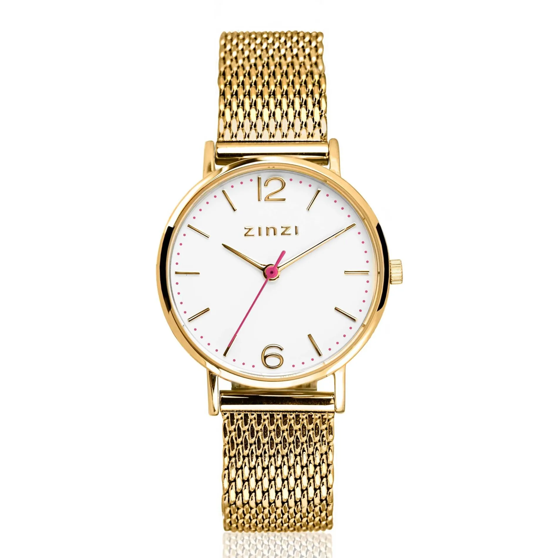 ZINZI Lady horloge witte wijzerplaat stalen kast geelgoudkleurig stalen mesh band geelgoudkleurig 28mm extra dun ZIW607M