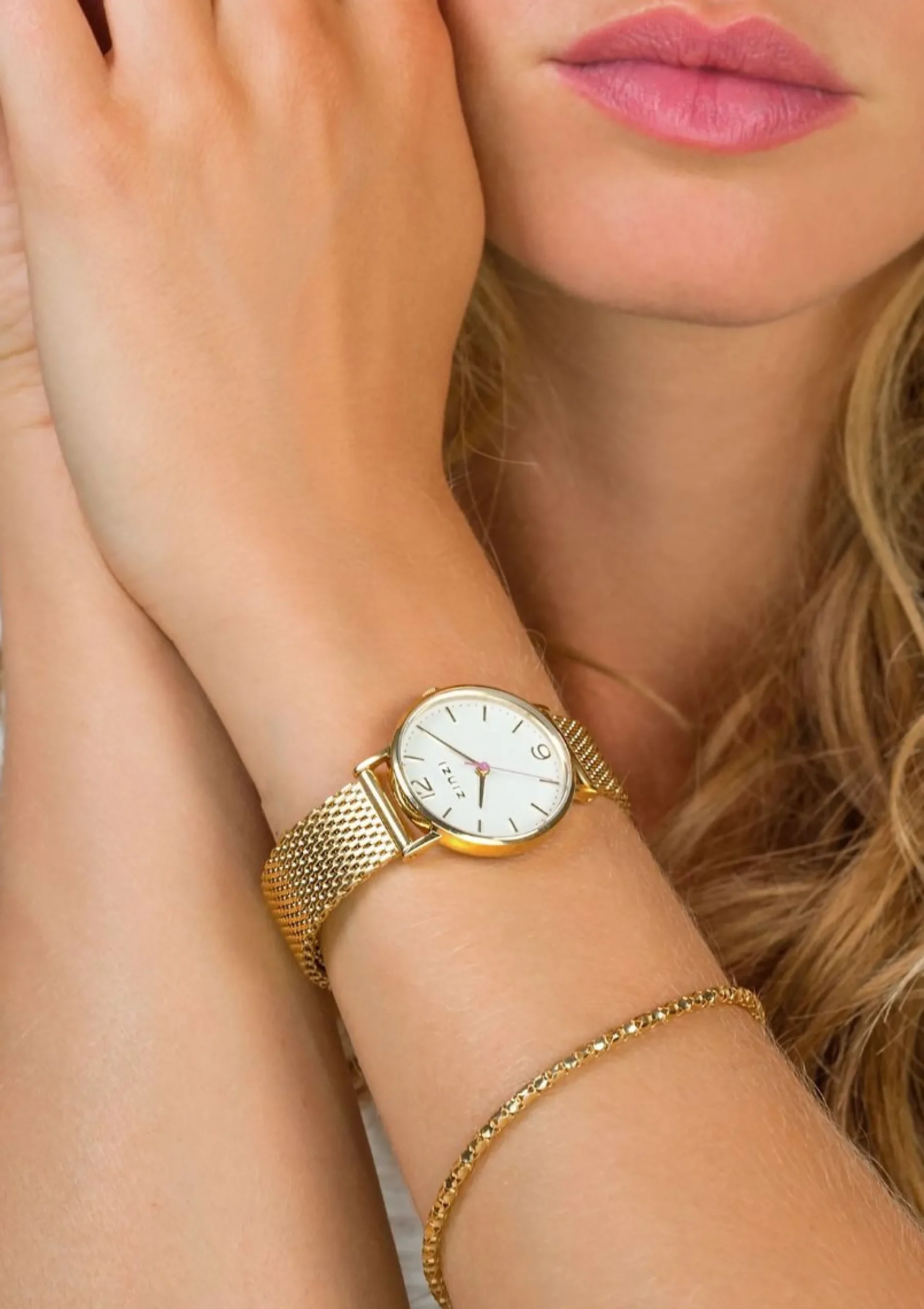 ZINZI Lady horloge witte wijzerplaat stalen kast geelgoudkleurig stalen mesh band geelgoudkleurig 28mm extra dun ZIW607M