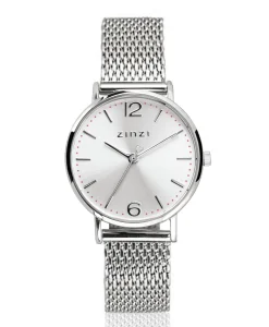ZINZI Lady horloge zilvergekleurde wijzerplaat en kast stalen mesh band 28mm extra dun ZIW602M