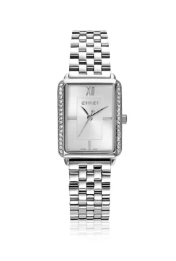 ZINZI Lucia horloge 28mm rechthoekige kast, bezet met witte zirkonia's en zilverkleurige wijzerplaat, stalen schakelband ZIW2302