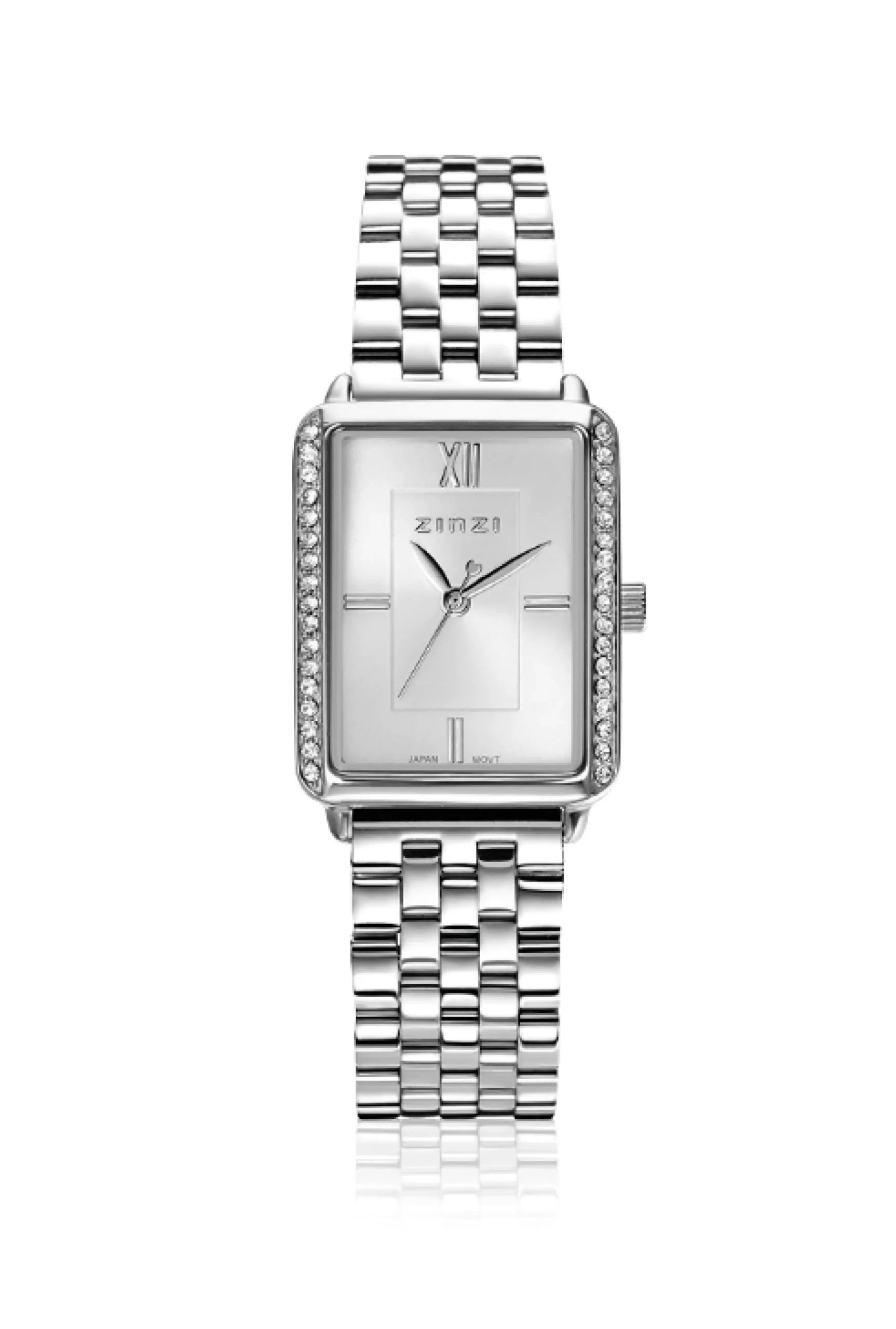 ZINZI Lucia horloge 28mm rechthoekige kast, bezet met witte zirkonia's en zilverkleurige wijzerplaat, stalen schakelband ZIW2302