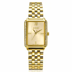 ZINZI Lucia horloge 28mm rechthoekige kast, bezet met witte zirkonia's en goudkleurige wijzerplaat, stalen schakelband ZIW2310