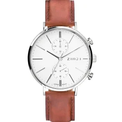 ZINZI Man watch Traveller white witte wijzerplaat stalen kast bruine leren band 39mm dual time ZIW740