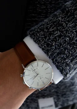 ZINZI Man watch Traveller white witte wijzerplaat stalen kast bruine leren band 39mm dual time ZIW740