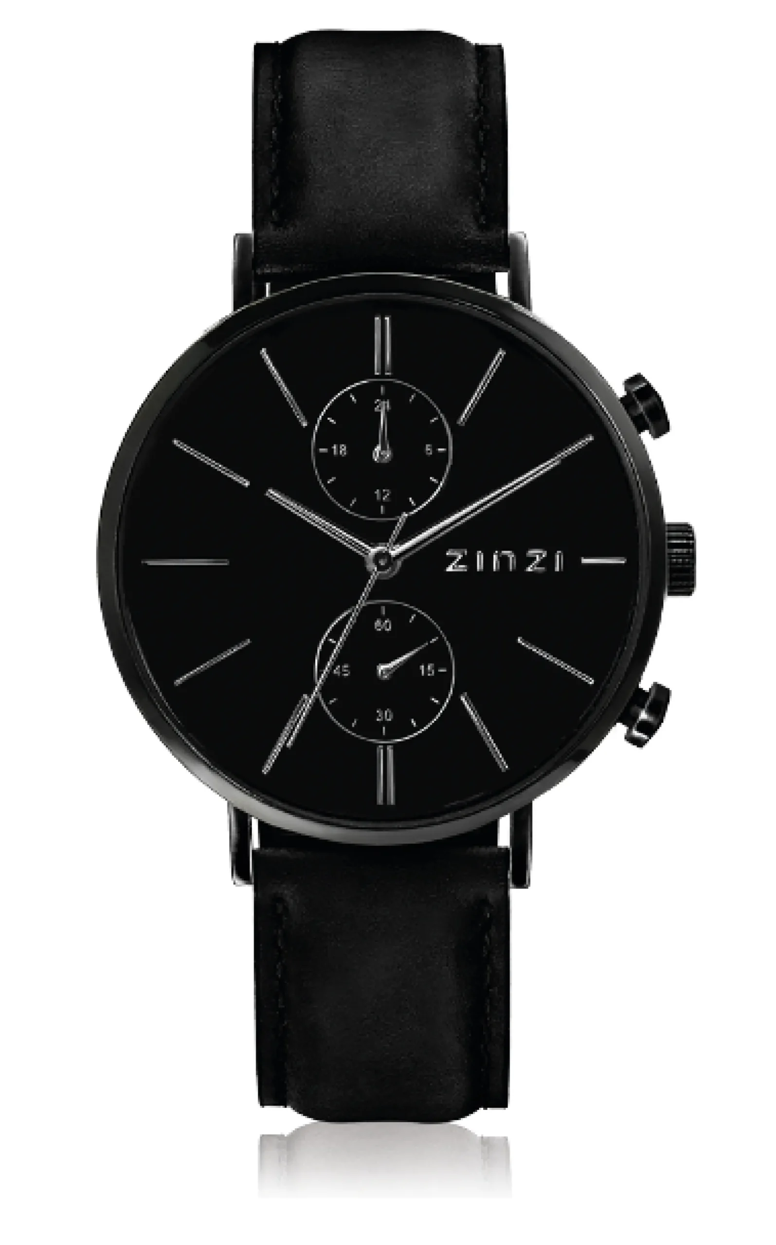 ZINZI Man watch Traveller black zwarte wijzerplaat matzwarte stalen kast zwarte leren band 39mm dual time ZIW750