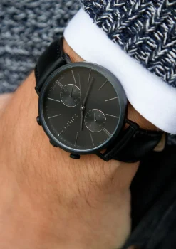 ZINZI Man watch Traveller black zwarte wijzerplaat matzwarte stalen kast zwarte leren band 39mm dual time ZIW750