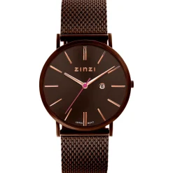 ZINZI Retro horloge bruin gekleurde wijzerplaat met rosé wijzers en bruine stalen mesh band 38mm extra dun ZIW415M