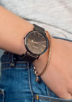 ZINZI Retro horloge bruin gekleurde wijzerplaat met rosé wijzers en bruine stalen mesh band 38mm extra dun ZIW415M