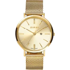 ZINZI Retro horloge goudkleurige wijzerplaat en goudkleurige stalen kast en stalen mesh band 38mm extra dun ZIW410M