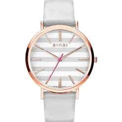 ZINZI Retro horloge grijs-wit gestreepte wijzerplaat roségoudkleurige kast leren mesh band lichtgrijs 38mm extra dun ZIW420LG