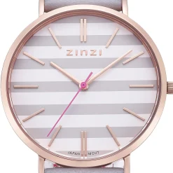 ZINZI Retro horloge grijs-wit gestreepte wijzerplaat roségoudkleurige kast leren mesh band lichtgrijs 38mm extra dun ZIW420LG