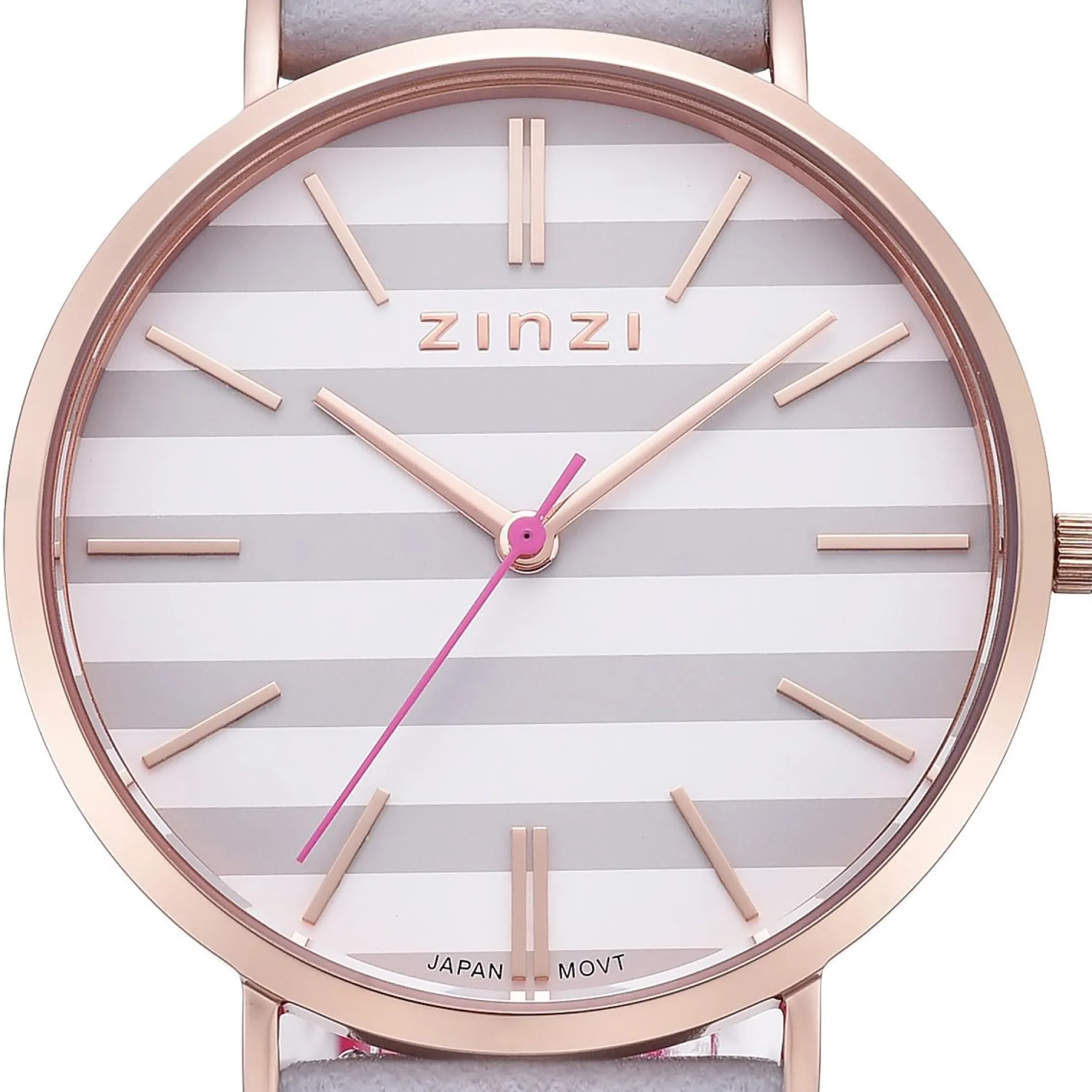 ZINZI Retro horloge grijs-wit gestreepte wijzerplaat roségoudkleurige kast leren mesh band lichtgrijs 38mm extra dun ZIW420LG