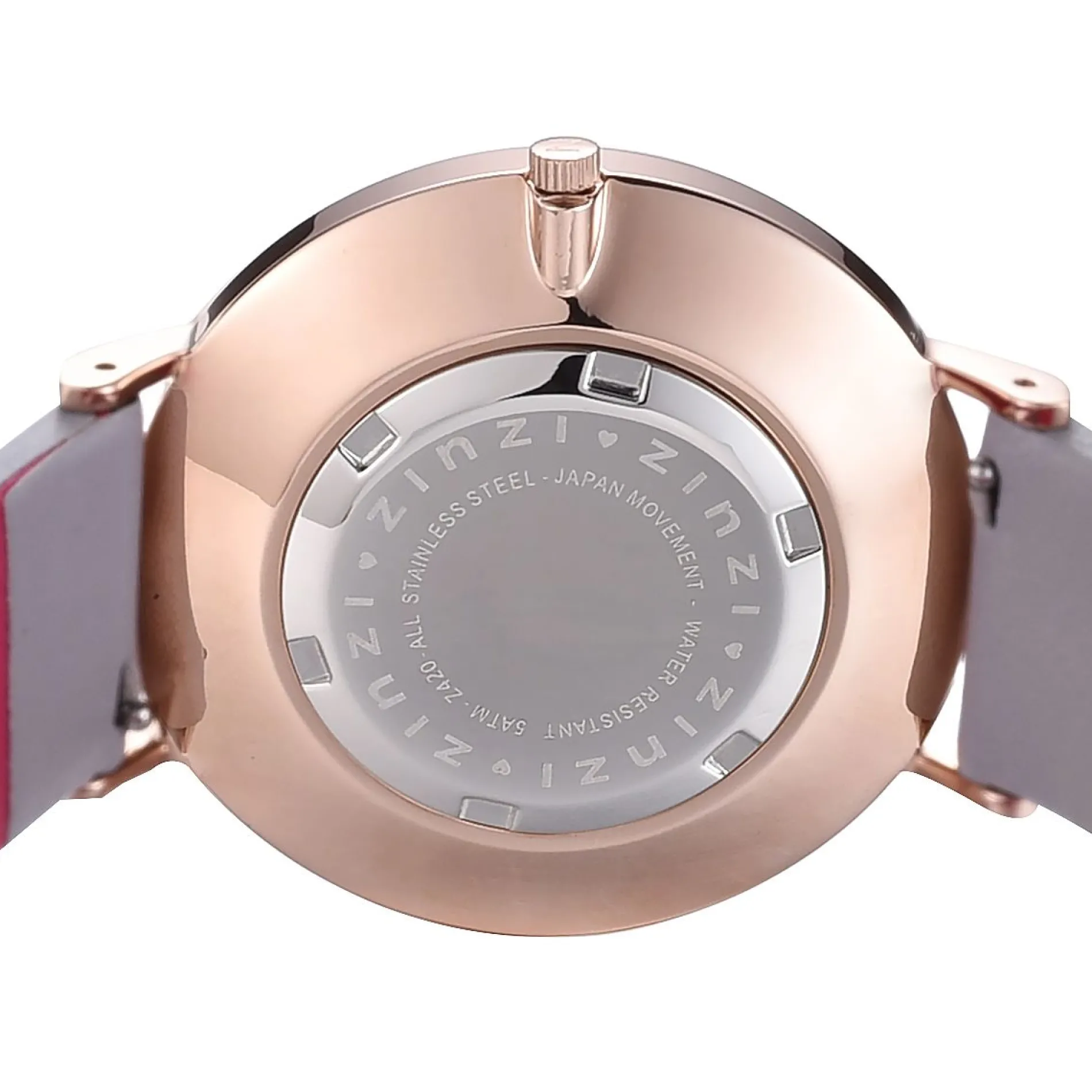 ZINZI Retro horloge grijs-wit gestreepte wijzerplaat roségoudkleurige kast leren mesh band lichtgrijs 38mm extra dun ZIW420LG
