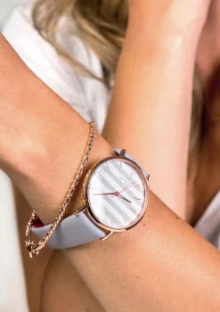 ZINZI Retro horloge grijs-wit gestreepte wijzerplaat roségoudkleurige kast leren mesh band lichtgrijs 38mm extra dun ZIW420LG