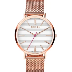ZINZI Retro horloge grijs-wit gestreepte wijzerplaat roségoudkleurige kast stalen mesh band roségoudkleurig 38mm extra dun ZIW420M