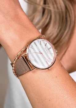 ZINZI Retro horloge grijs-wit gestreepte wijzerplaat roségoudkleurige kast stalen mesh band roségoudkleurig 38mm extra dun ZIW420M