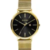 ZINZI Retro horloge 38mm zwarte wijzerplaat en geelgoudkleurige stalen kast stalen mesh band geelgoudkleurig extra dun ZIW443M