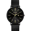 ZINZI Retro horloge 38mm zwarte wijzerplaat, goudkleurige wijzers, zwarte stalen kast, zwarte stalen mesh band extra dun ZIW449M