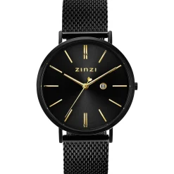 ZINZI Retro horloge 38mm zwarte wijzerplaat, goudkleurige wijzers, zwarte stalen kast, zwarte stalen mesh band extra dun ZIW449M