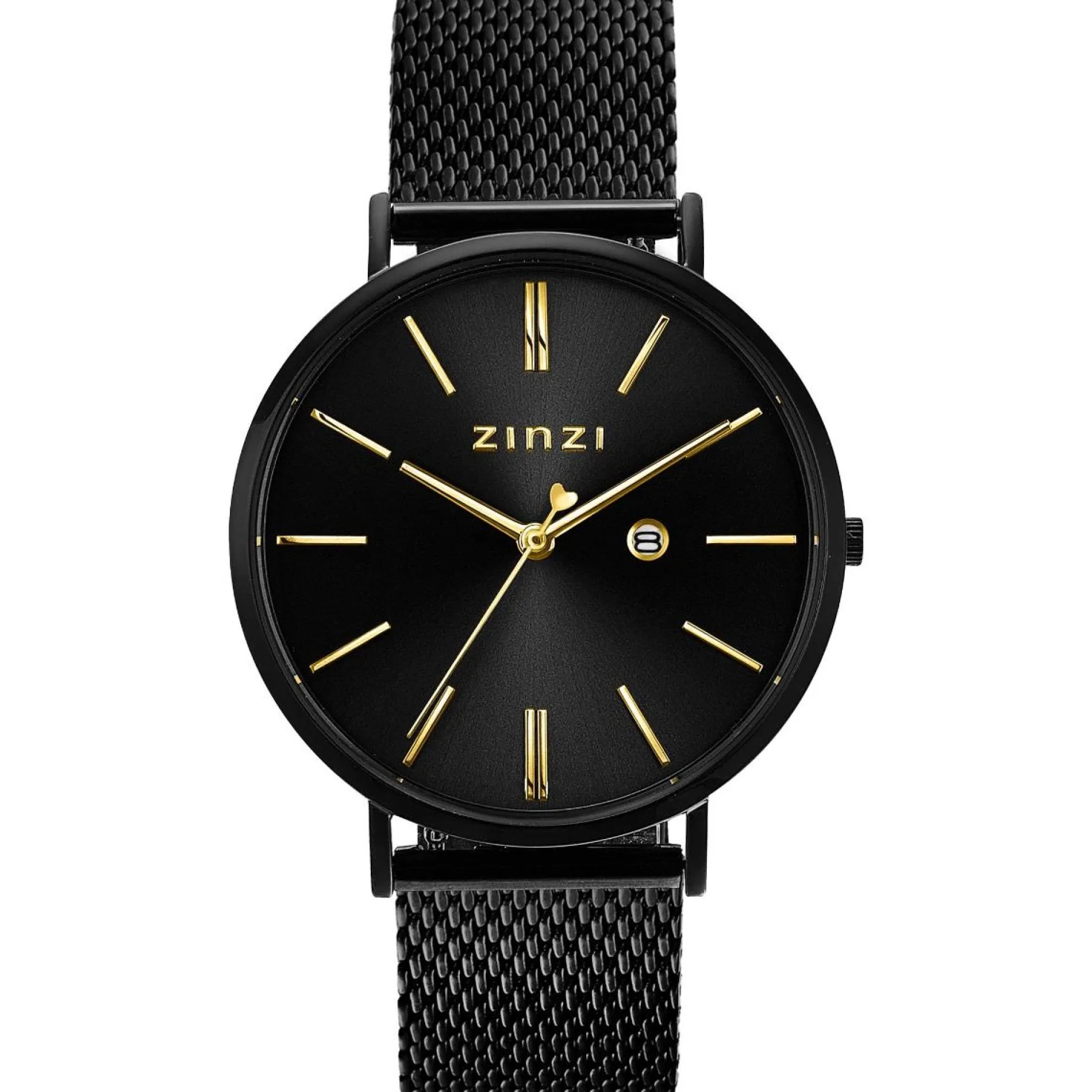 ZINZI Retro horloge 38mm zwarte wijzerplaat, goudkleurige wijzers, zwarte stalen kast, zwarte stalen mesh band extra dun ZIW449M