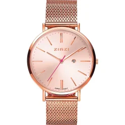 ZINZI Retro horloge roségoudkleurige wijzerplaat en kast stalen mesh band roségoudkleurig 38mm extra dun ZIW405M