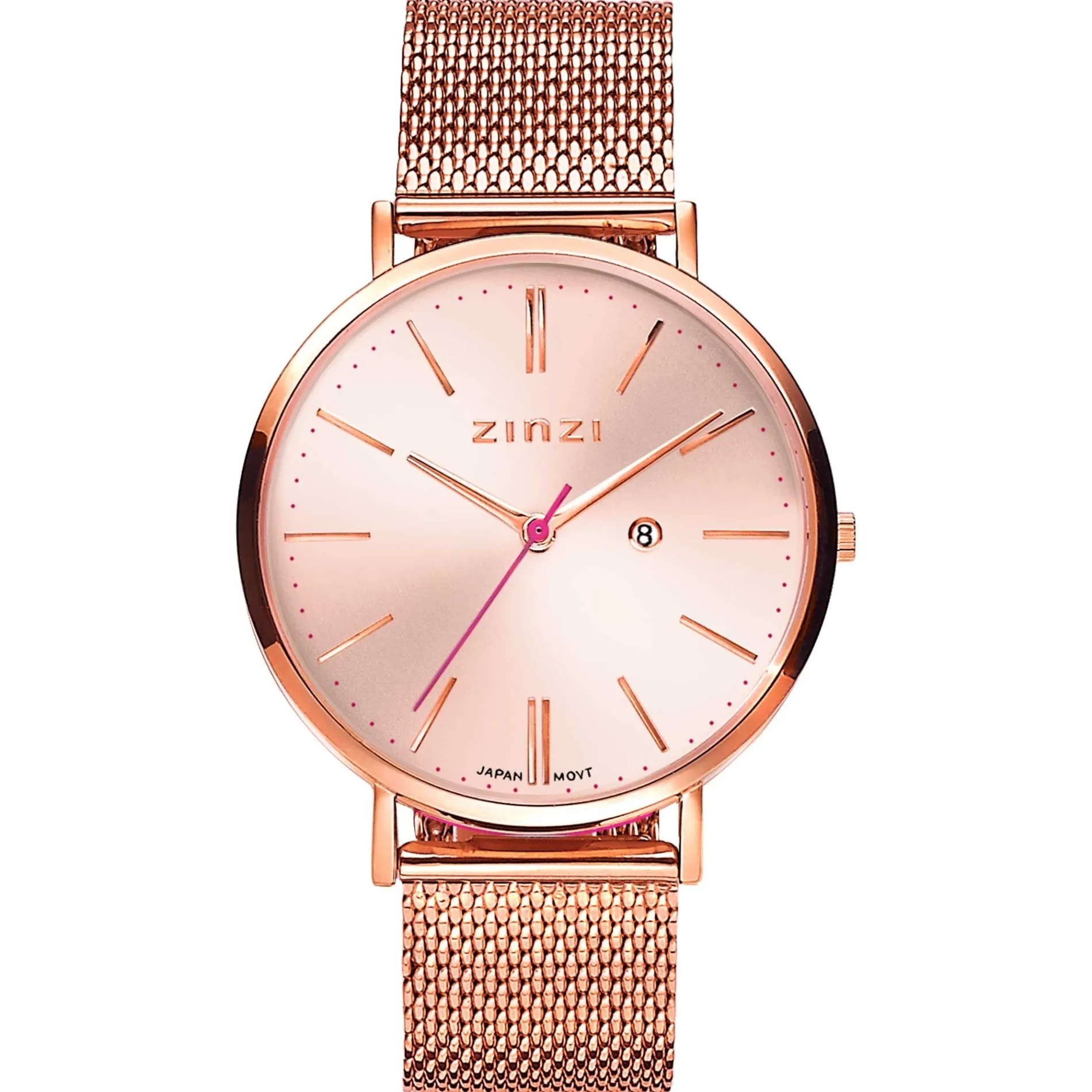 ZINZI Retro horloge roségoudkleurige wijzerplaat en kast stalen mesh band roségoudkleurig 38mm extra dun ZIW405M