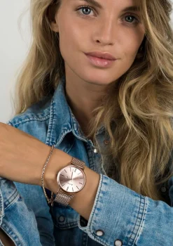 ZINZI Retro horloge roségoudkleurige wijzerplaat en kast stalen mesh band roségoudkleurig 38mm extra dun ZIW405M