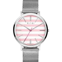 Zinzi Retro horloge roze-wit gestreepte wijzerplaat zilvergekleurde kast stalen mesh band 38mm extra dun ZIW419M