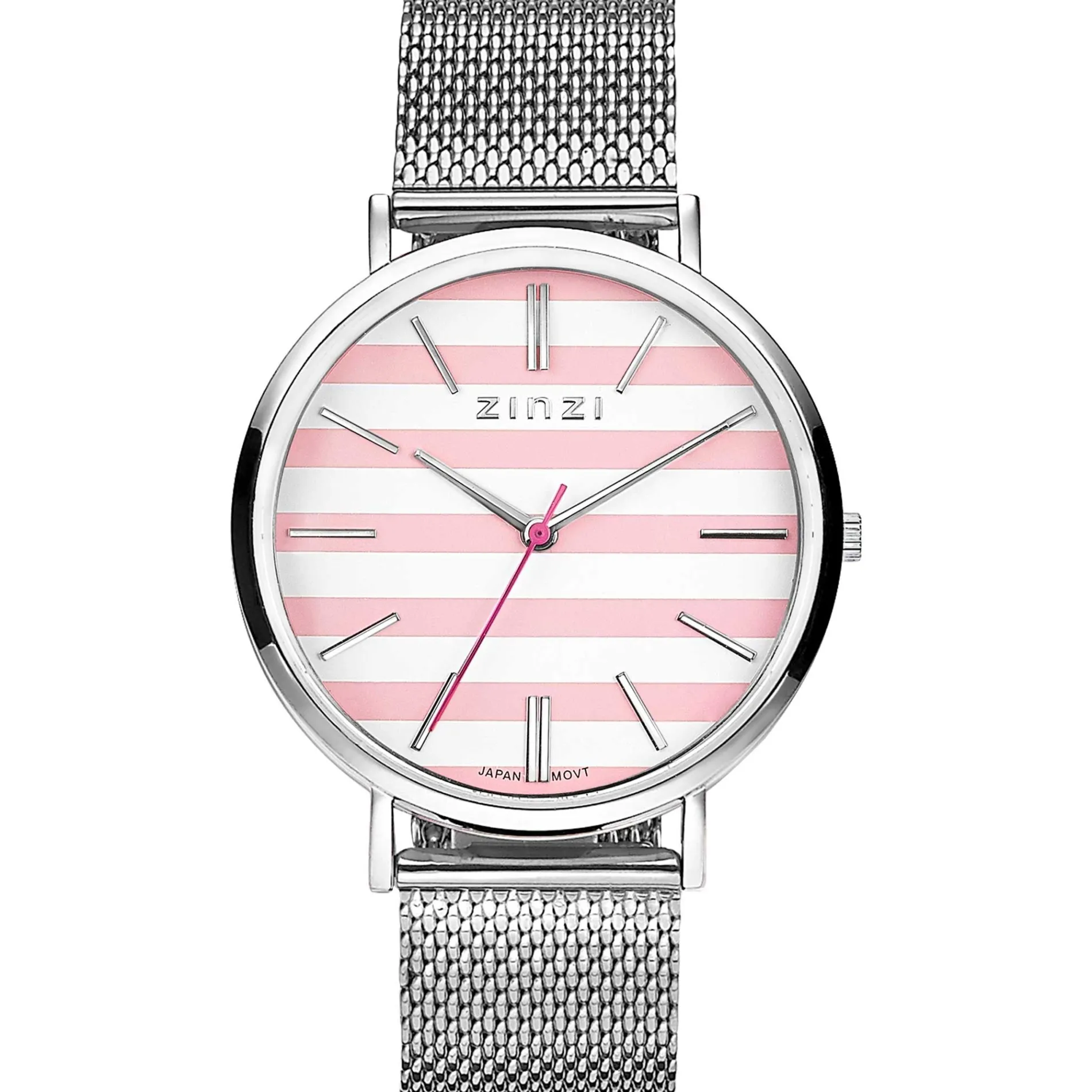Zinzi Retro horloge roze-wit gestreepte wijzerplaat zilvergekleurde kast stalen mesh band 38mm extra dun ZIW419M