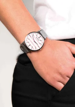 Zinzi Retro horloge roze-wit gestreepte wijzerplaat zilvergekleurde kast stalen mesh band 38mm extra dun ZIW419M
