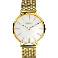 ZINZI Retro horloge witte parelmoer wijzerplaat en geelgoudkleurige stalen kast stalen mesh band geelgoudkleurig 38mm extra dun ZIW448M