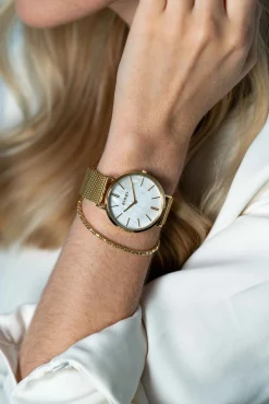 ZINZI Retro horloge witte parelmoer wijzerplaat en geelgoudkleurige stalen kast stalen mesh band geelgoudkleurig 38mm extra dun ZIW448M