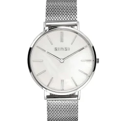 Zinzi Retro horloge witte parelmoer wijzerplaat met zilverkleurige wijzers en stalen mesh band 38mm extra dun ZIW417M