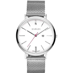 Zinzi Retro horloge witte wijzerplaat stalen kast zilvergekleurd stalen mesh band zilvergekleurd 38mm extra dun ZIW406M