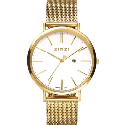 ZINZI Retro horloge witte wijzerplaat en geelgoudkleurige stalen kast stalen mesh band geelgoudkleurig 38mm extra dun ZIW407M
