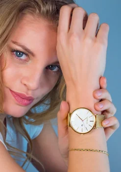 ZINZI Retro horloge witte wijzerplaat en geelgoudkleurige stalen kast stalen mesh band geelgoudkleurig 38mm extra dun ZIW407M